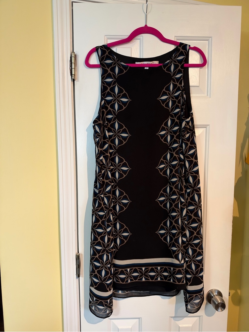 Max Studio Black Dress with Blue and Cream Geometric Trim
